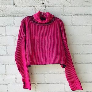 DOLLS KILL Neon Pink turtleneck stripe sweater 1XL